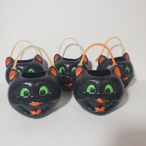 Vintage Fun World Halloween Blow Mold Black Cat Head 2" Mini Plastic Buckets X 5